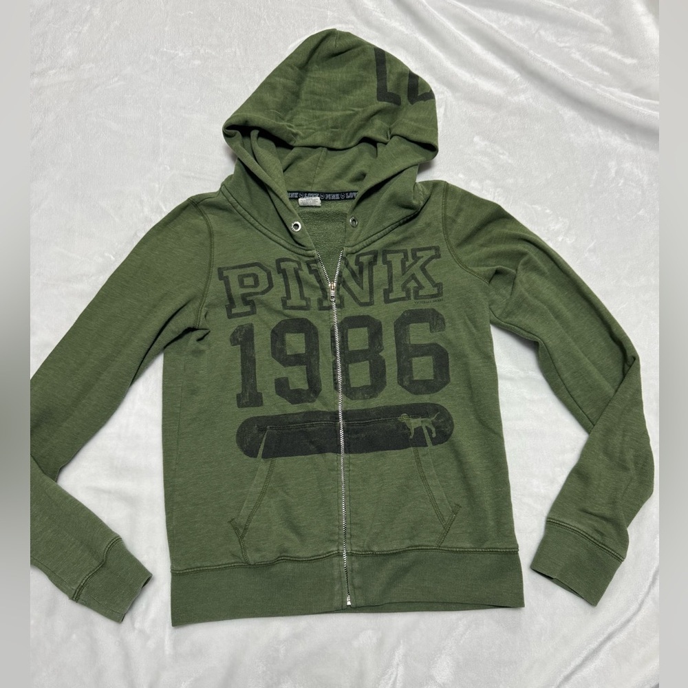 Vintage PINK Victorias Secret Olive Green Zipper Hoodie